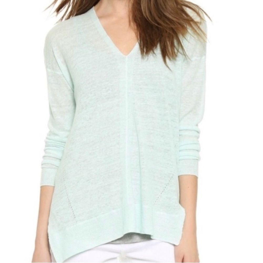 Vince V-Neck Linen Blend Sweater Long Sleeve Mint Green XXS Oversize Lightweight